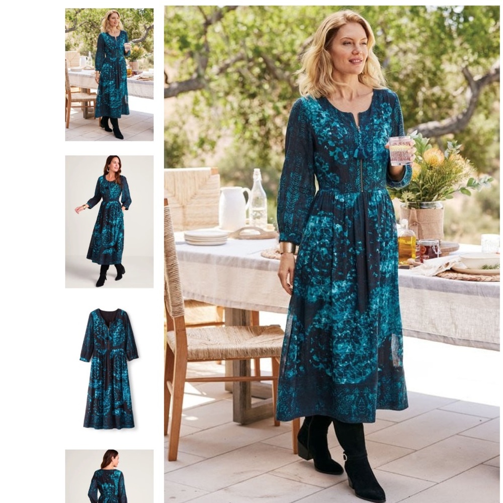 Soft Surroundings Spectral 3/4 Sleeve Crepe Midi Dress Teal Black Abstract XL